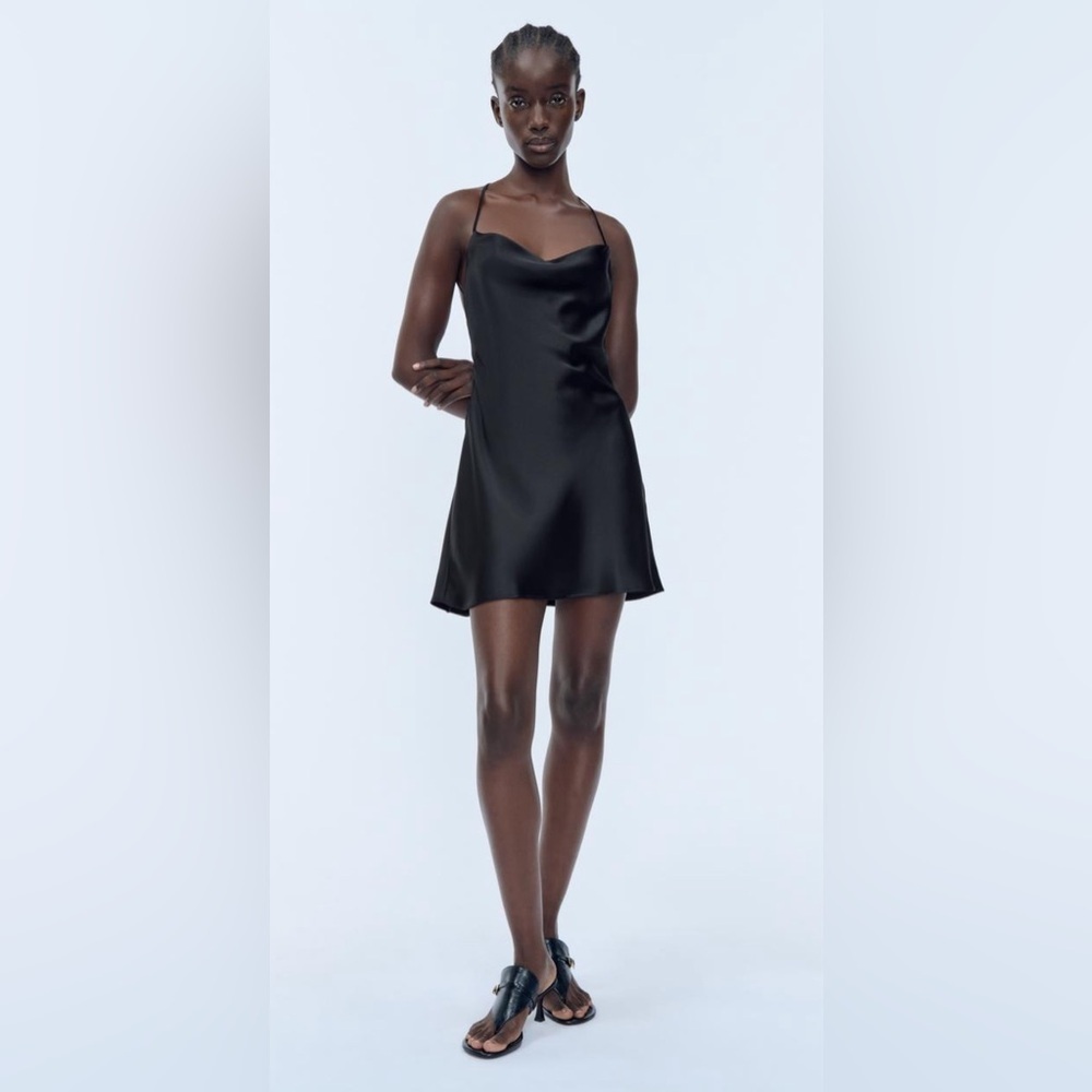 Zara Cowl Neck Black Satin Mini Slip Dress​​ - Picture 2 of 7